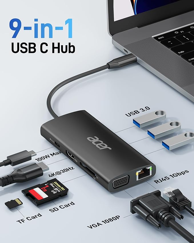 Acer USB C Hub with 4K HDMI, 9-in-1 USB C to Ethernet Adapter, 5Gbps USBA 3.0 Docking Station, VGA Splitter, SD Card Reader, PD 100W Charging for MacBook, Acer, Laptops, Surface and More (Black)