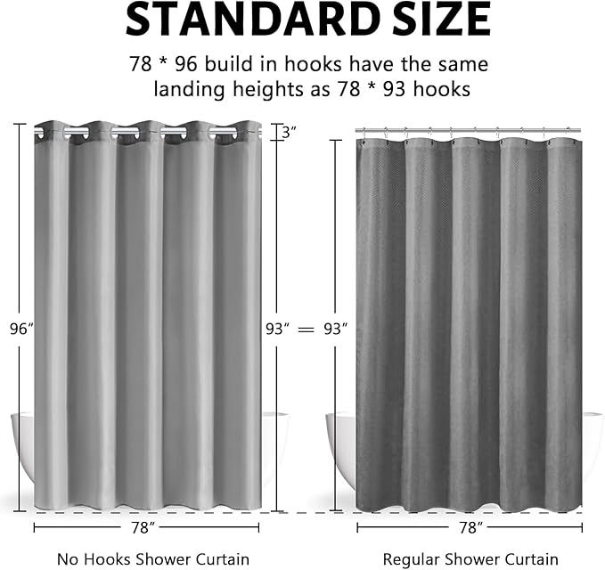 Furlinic Extra Long No Hook Shower Curtain 96 Length,Soft Fabric Bathroom Curtains,Waterproof & Machine Washable,10 Built-in Plastic Grommets,Light Gray,78x96 Inch