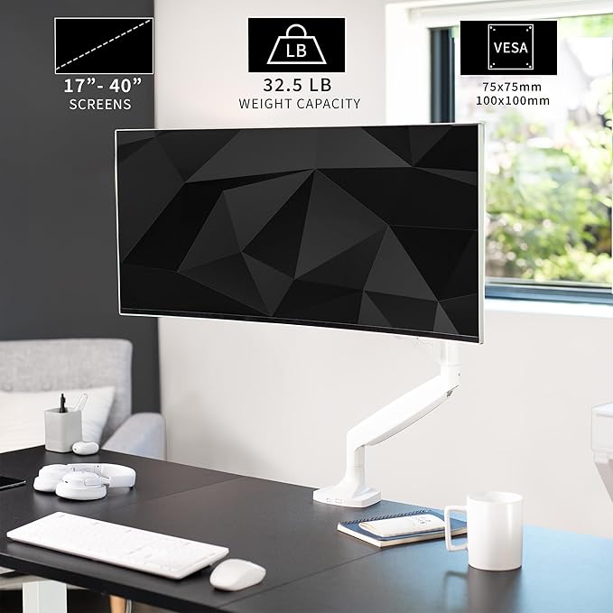 VIVO Premium Aluminum Heavy Duty Single Monitor Arm for Ultrawide Monitor up to 40 inches and 32.5 lbs, Desk Mount Stand, Pneumatic Height, Max VESA 100x100, White, STAND-V101QW