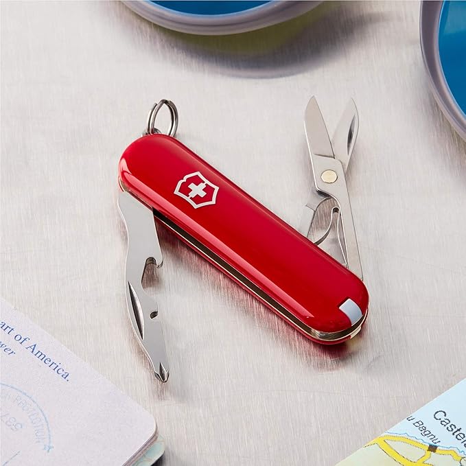 Victorinox Jetsetter Swiss Army Knife, Compact 7 Function Swiss Made Tool with Scissors, Magnetic Phillips Screwdriver and Key Ring – Red