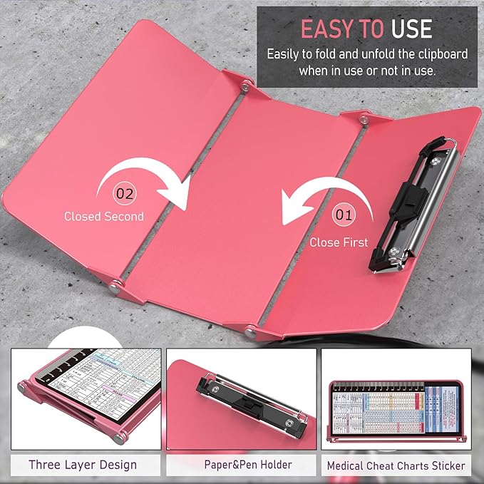Nursing Clipboard Foldable, Foldable Clipboard w/Nursing Edition Cheat Charts,3 Layers Aluminum, Nurse Clip Board w/Low Profile Clip&Pen Clip Pocket for Students, Nurses and Doctors, Rose