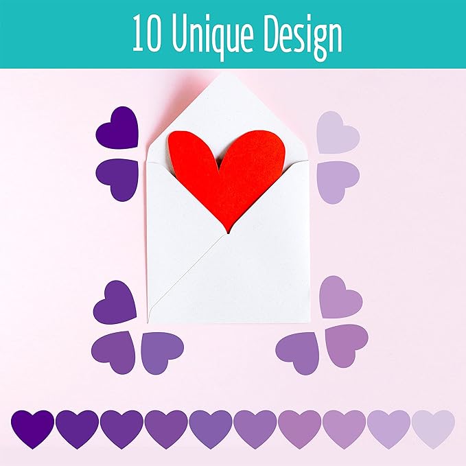 1200 PCS Purple Heart-shaped Stickers, 10 Gradient Purple Designs Self-adhesive Labels with Perforation Line in Roll, Use for Valentine's Day,Award Charts, Teachers & Classrooms, Bookmarks (3/4" Each)