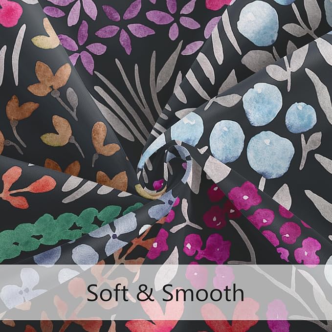 Black Floral Shower Curtain 60x72, Hot Pink Boho Flower Fabric Shower Curtain, Cute Funky Watercolor Wildflower Shower Curtain Set, Cottagecore Bohemian Bathroom Decor