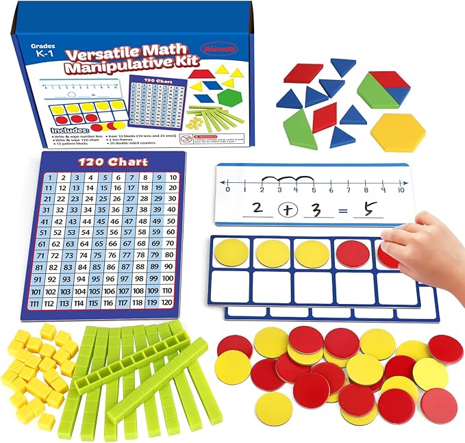 Take Home Versatile Math Manipulatives Kit for Kids Grade K-3,With Ten-Frames,Base Ten Blocks,Math Counters,Number Line,120 Number Chart,Pattern Blocks,Homeschool Supplies (Develops Early Math Skills)