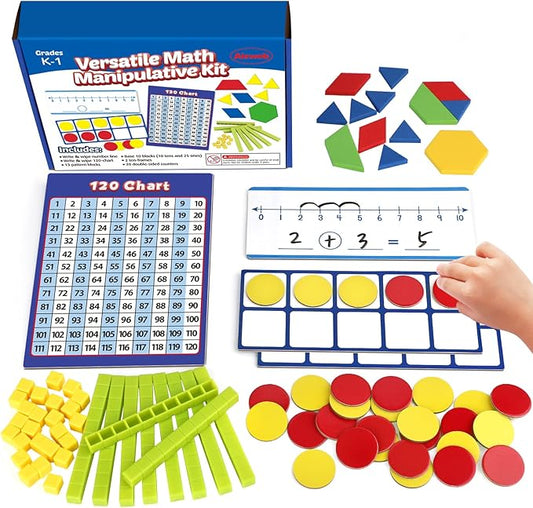 Take Home Versatile Math Manipulatives Kit for Kids Grade K-3,With Ten-Frames,Base Ten Blocks,Math Counters,Number Line,120 Number Chart,Pattern Blocks,Homeschool Supplies (Develops Early Math Skills)