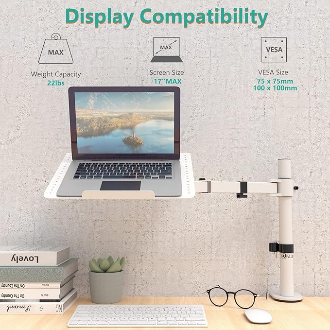 WALI Laptop Desk Mount for 17 inch Notebook, Adjustable Single Monitor Arm with Laptop Holder for 32 inch Screen, Laptops Stand with Ventilated Tray, Up to 22 Lbs, (M00LP-W), White