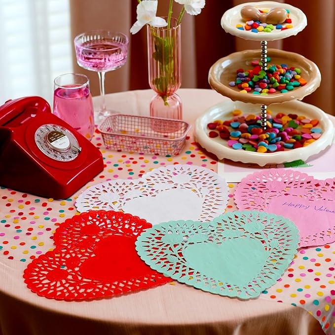 JOYIN 102 PCS 10" Valentines Day Heart Doilies, Tableware Decoration, Home Activitie, Kitchen Disposable Table Crafts, Red White Pink Green Heart Doilies