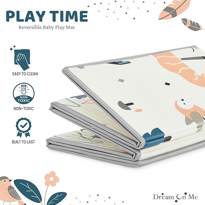Dream On Me Play Time Reversible Baby Play Mat Foldable Extra Large Thick Foam Crawling Playmats for Toddlers Waterproof Portable Playmat , Goofy Den