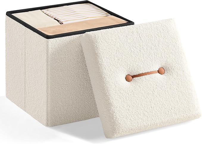 SONGMICS Small Folding Storage Ottoman, Foot Rest Stool, 15 x 15 x 15 Inches, Ottoman with Storage, Load up to 660 lb, for Living Room, Bedroom, Dorm, Cream White ULSF095W01