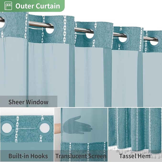 Boho Farmhouse No Hook Shower Curtain Set with Snap-in Fabric Liner,Heavy-Duty Linen Textured Rustic Striped Design,Water-Repellent with Tassels and Sheer Window,Teal,71x74