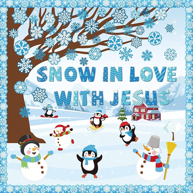 Winter Bulletin Board Decoration Set with Background Paper & Borders Cutouts for Christian Sunday School Classroom Church Decor Christmas Snow in Love with Jesus Bulletin Board Craft Home Wall(Winter)