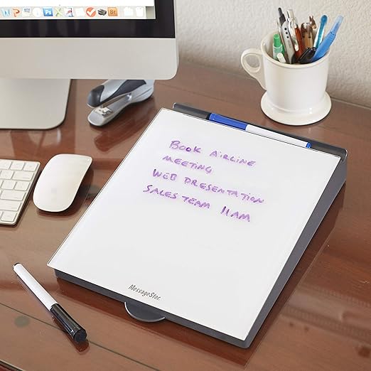 ECR4Kids MessageStor Dry-Erase Glass Board Memo Station, Desk Organizer, White