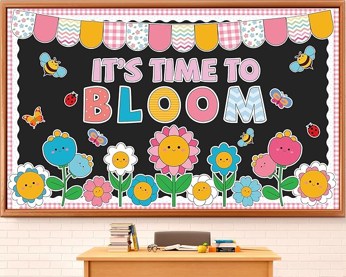Spring Bulletin Board Set Decorations Colorful Flower Bee Paper Cutouts Spring Bloom Floral Classroom Bulletin Board Decoration Kit for School Home Chalkboard Window Holiday Party Decor
