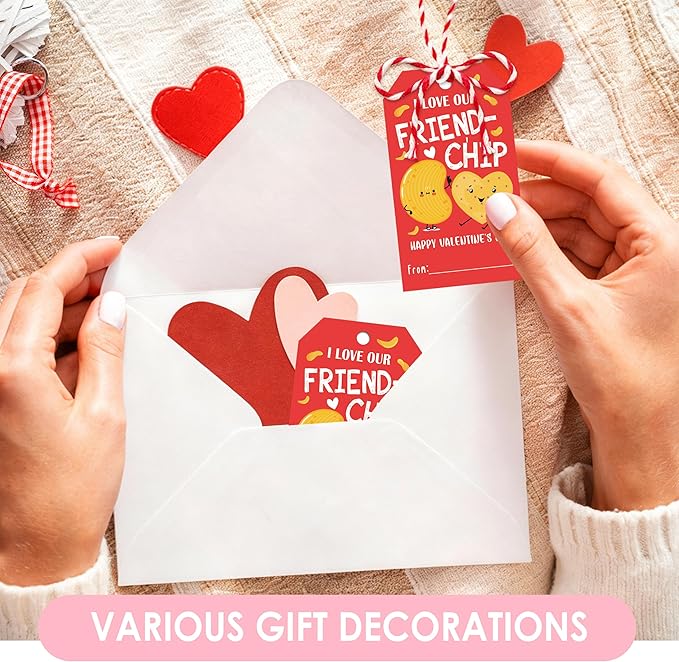 50Pcs Friend-chip Valentines Tags, Valentines Thank You Gift Label with String, Hanging Paper Gift Label for Wrapping Treat Bag, Idea Valentine's Activity School Classroom Party Favors
