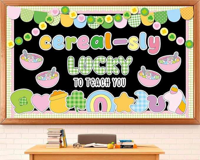 St. Patrick's Day Cereal-Sly Bulletin Board Lucky Shamrock Bulletin Board Decorations Rainbow Gold Coin Paper Cutouts for St. Patrick Party Supplies Home Classroom Chalkboard Wall Door Window Decor