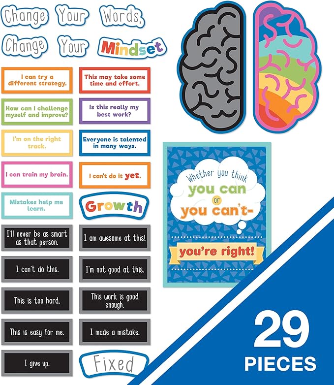 Carson Dellosa Education 29 pc Growth Mindset Bulletin Board Set, Motivational Poster, 2-Piece Brain With Affirmation Cards, Calm Down Corner Supplies and Classroom Decor