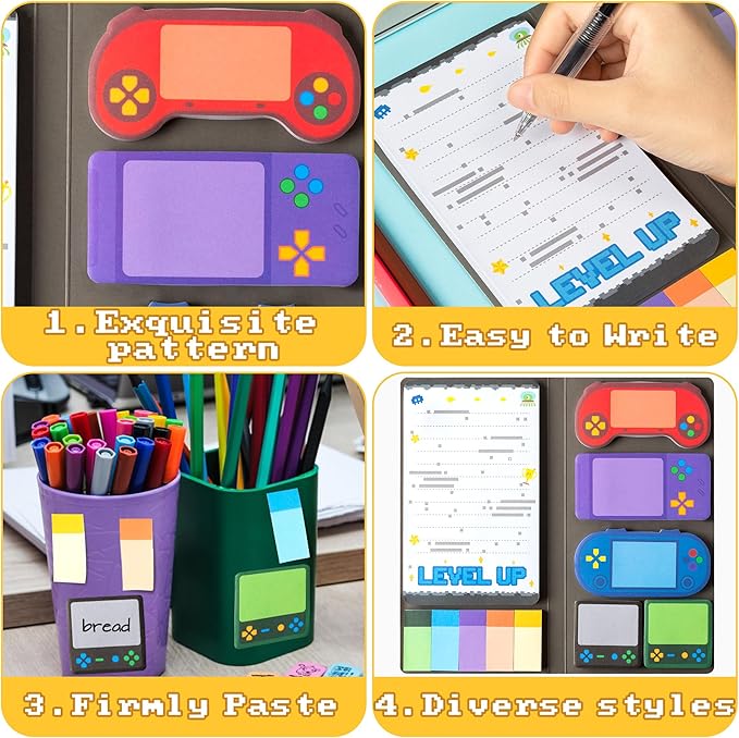B1ykin Cute Sticky Notes Set - Level Up Video Game Shaped Self-Stick Notes Pad, 550 Sheets Writing Memo Pages Sticky Notepad for Teacher Appreciation Gifts, School Office Supplies (Video Game)