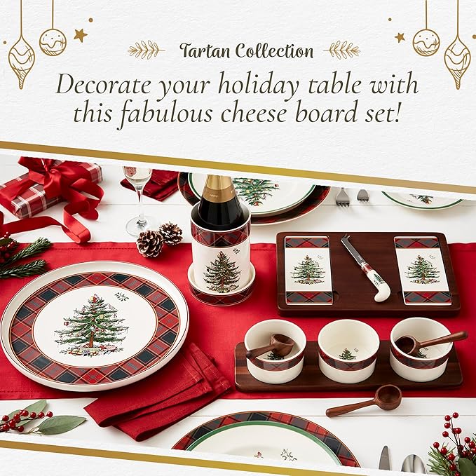 Spode Christmas Tree Cheese Board & Knife Set, Tartan Plaid - Holiday Entertaining, Charcuterie & Cracker Tray, Seasonal Serveware - Christmas Table Setting & Presentation