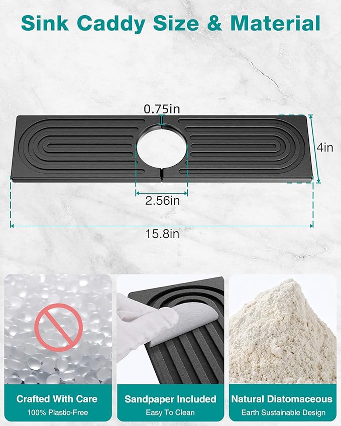 Stone Faucet Mat for Kitchen Sink, Diatomite Sink Protectors - Prevent Moisture Drying Stone Tray Fit Kitchen Counter & Bathroom Counter (Dark Gray, 15.8" x 4")