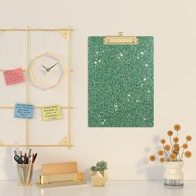 Piasoenc Acrylic Clipboards, Fashion Glitter Clip Board with Low Profile Gold Clip, Designed for Classroom School and Office Use, A4 Letter Size 9 x 12.5 in,Green