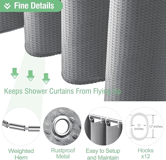 Dynamene Long Fabric Shower Curtain - Waffle Textured Tall Heavy Duty Cloth Shower Curtains for Bathroom, 256GSM Large Hotel Spa Luxury Bath Curtain Set with 12 Plastic Hooks(72Wx80H, Grey/Gray)