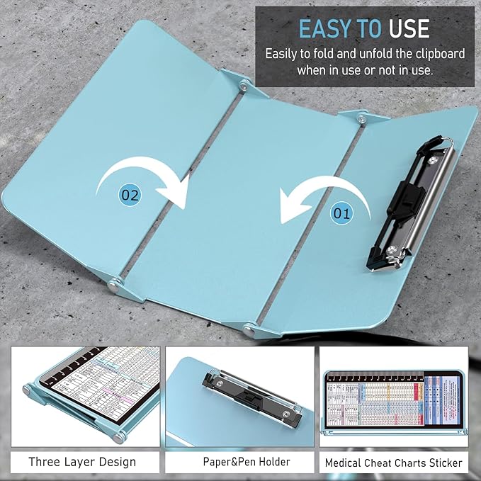 Nursing Clipboard Foldable, Foldable Clip Board w/Nursing Edition Cheat Charts, 3 Layers Aluminum, Nurse Board w/Low Profile Clip&Pen Clip Pocket for Students, Nurses and Doctors, Mint