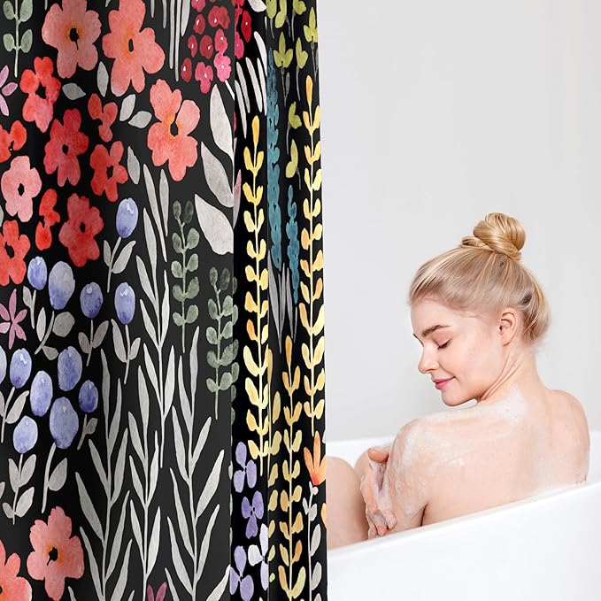 Long Shower Curtain 72 x 78 Inch, Tall Cute Floral Shower Curtain for Bathroom, Colorful Wildflower Boho Cottagecore Fabric Shower Curtain Set with Hooks, Black