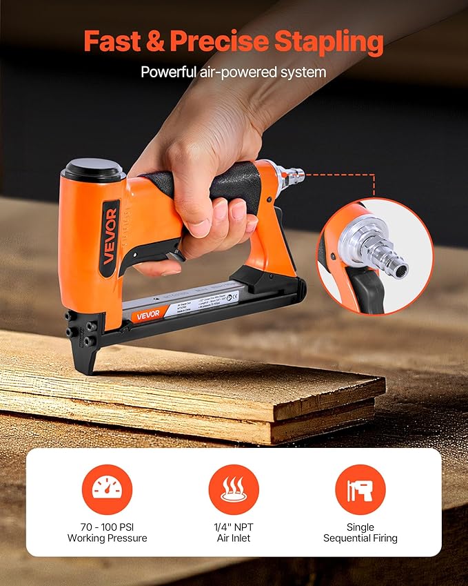 VEVOR Pneumatic Staple Gun, 20 Gauge Air Upholstery Stapler for 50 Series Fine Wire Staples 1/2" Crown 1/4"-5/8" Length, Max 110PCS Loading Air Staple Gun for Upholstering, Woodworking, DIY Projects