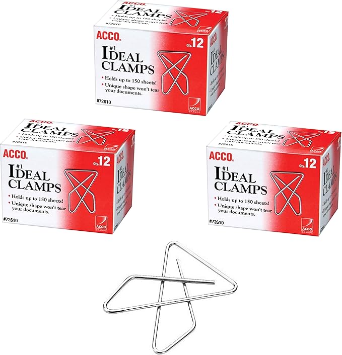 ACCO Ideal Paper Clamp (Butterfly Clamp), Smooth Finish, No.1 Size (Large), 12/Box (A7072610) Pack of 3
