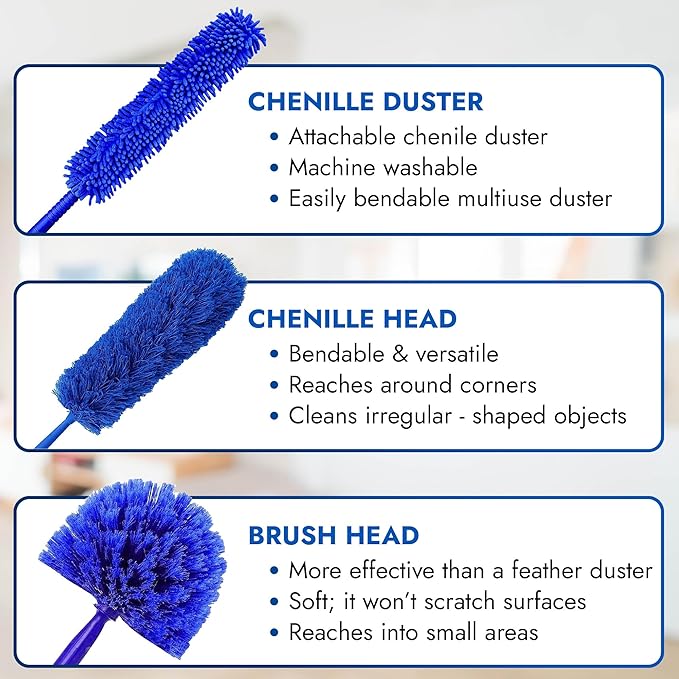 Webster Cobweb Duster and Spider Web Kit, Reach High Ceilings 18 To 20 Foot With Extension Pole and 3 Multi Use Heads