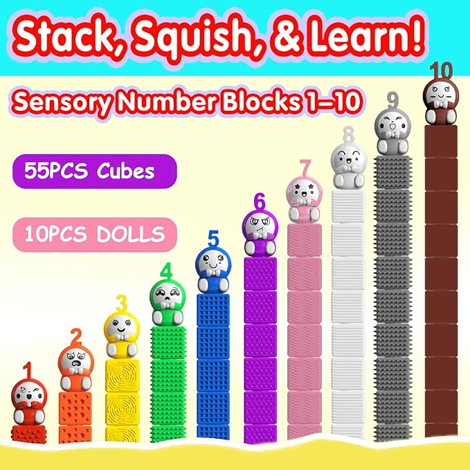 65PCS Sensory Stacking Cubes for Toddlers | Textured Soft Counting Cubes for Color & Number Learning | Squeezable Montessori Educational Building Toys, Preschool Learning Activities for Kids Ages 2-5