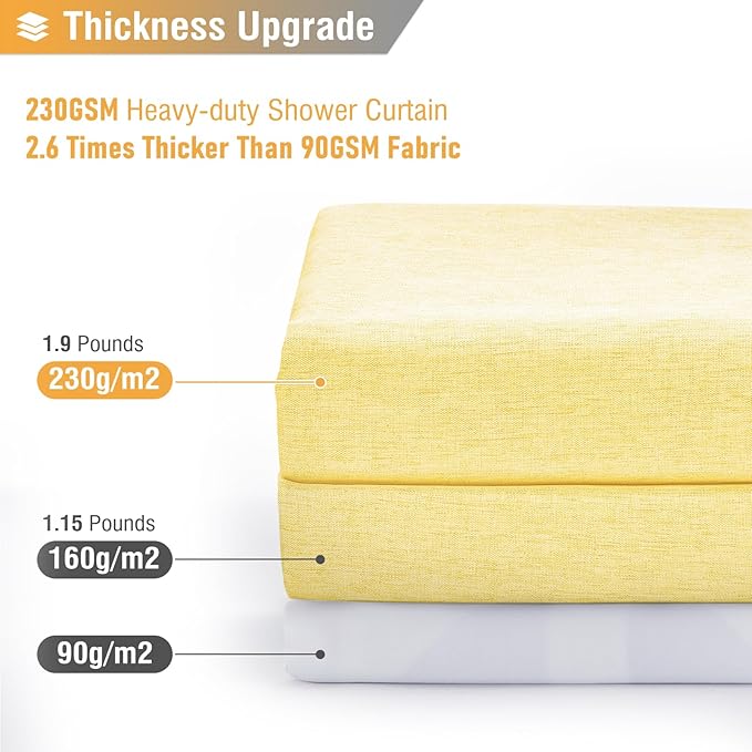 BTTN Fabric Shower Curtain, Linen Textured Heavy Duty Polyester Cloth Shower Curtain Set with Plastic Hooks, Yellow, 72" W x 78" L (Pack of 1)