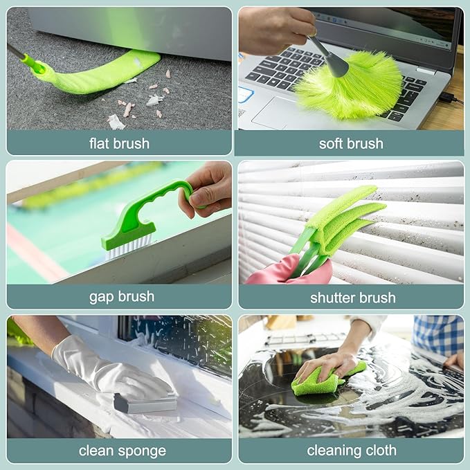 Microfiber Duster with Extension Pole 30 to 100'', Bendable Reusable Washable Feather Dusters for Cleaning High Ceiling Fan, Cobweb, Blinds, Keyboard, Furniture & Cars, Green Gift for Women (11 PCS)