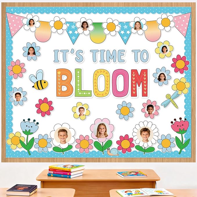 Spring Floral Bulletin Board Decorations for Classroom -It's Time To Bloom Bulletin Board Set Daisy Bee Dragonfly Cutouts DIY Flower Photo Crafts for Summer Spring School Home Wall Door Decor Supplies