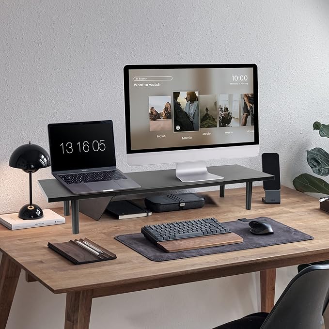 Dual-Monitor-Stand-Riser-For-Desk Adjustable Length 32-40 Inch，Large Desktop Computer Monitor Riser For 2 Screens，Desk Shelf Organizer Riser Stand For Computer/Laptop/PC/Printer/TV Black