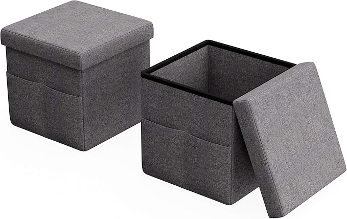 Set of 2 Ottomans with Storage Pockets - 15-Inch Folding Foot Rests or Storage Organizers for Bedroom, Living Room, or Dorm by Lavish Home (Gray)