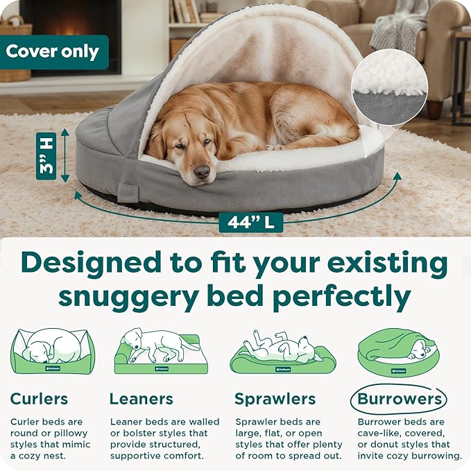 FurHaven Replacement Dog Bed Cover for Sherpa & Suede Snuggery, Fits Cool Gel-Top Foam Beds & Solid Orthopedic Foam Beds, Machine Washable, Jumbo XL (44 inch), Gray