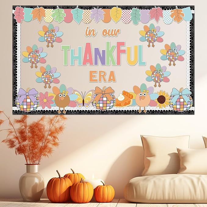 Fall Thanksgiving Turkey Bulletin Board for Classroom Decoration in Our Thankful Era Theme Bulletin Board Set Autumn Turkey Pumpkin Leaves Cutouts Fall Thanksgiving DIY Photo for Chalkboard Wall Decor