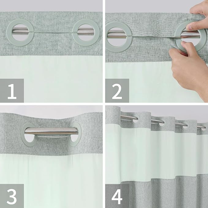 Stall No Hooks Needed Linen Textured Shower Curtain with Snap-in Fabric Liner Set,Hotel Luxury Decor Shower Curtains for Bathroom,Waterproof & Washable,60Wx74H,Sage Green