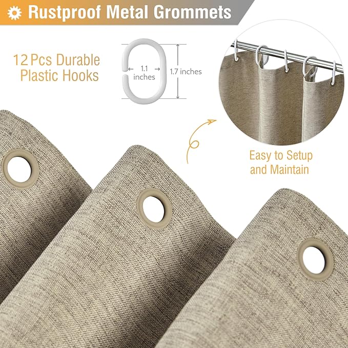 BTTN Fabric Shower Curtain - Linen Textured Weighted Cloth Shower Curtain Set with 12 Plastic Hooks, Hotel Spa Luxury Neutral Decorative Bath Curtains for Bathroom, Machine Washable - 72x72, Khaki/Tan
