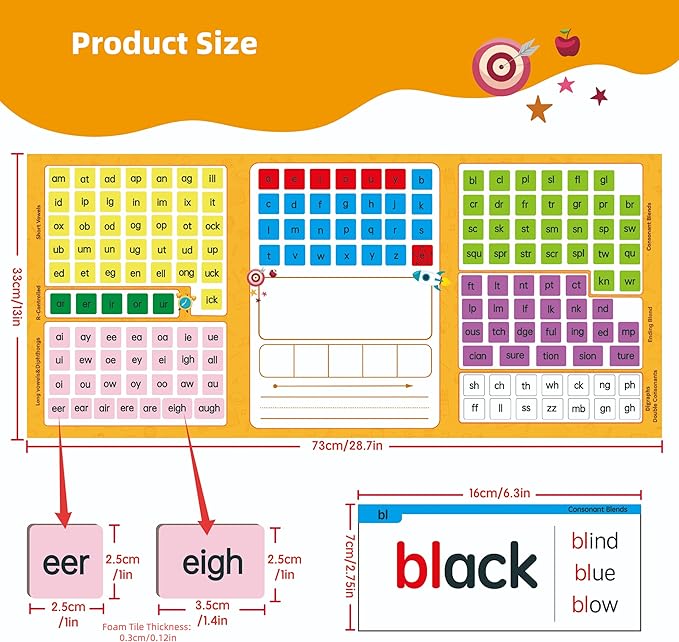 Phonics Word Building Magnetic Tiles Set, Phonics Manipulatives, Magnetic Letter Tiles, Educational Learning Kit with 239 Foam Tiles, 90 Cards, Magnetic Folder