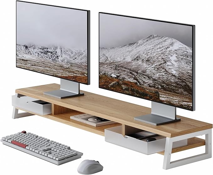 Fenge Dual Monitor Stand, Monitor Riser with Drawer, 42.5 Inch Large Computer Monitor Stand for 2 Monitors, 2 Tier Wooden Desk Shelf for Top of Desk