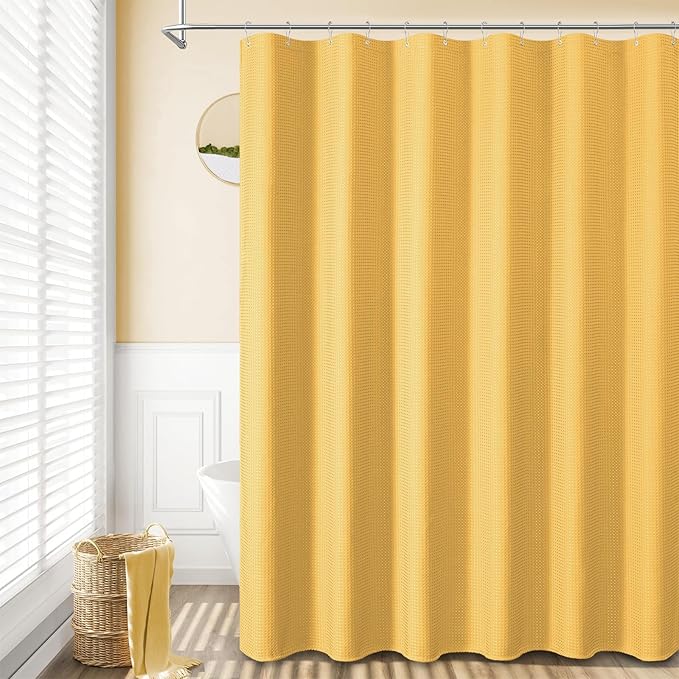 Dynamene Extra Long Shower Curtain - 96 Inch Long Waffle Weave Weighted Thick Cloth Bathroom Shower Curtain, Neutral Heavy Duty Hotel Bath Curtain Set with 12 Plastic Hooks,72x96, Gold