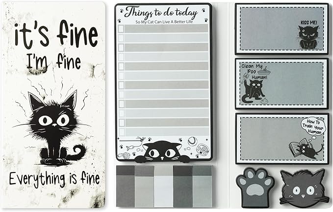 B1ykin Cute Sticky Notes Set - It’s Fine I’m Fine Everything is Fine Self-Stick Notes Pad, 550 Sheets Writing Memo Pages Sticky Notepad for Teacher Appreciation Gift School Office (Funny Black Cat)