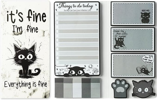 B1ykin Cute Sticky Notes Set - It’s Fine I’m Fine Everything is Fine Self-Stick Notes Pad, 550 Sheets Writing Memo Pages Sticky Notepad for Teacher Appreciation Gift School Office (Funny Black Cat)