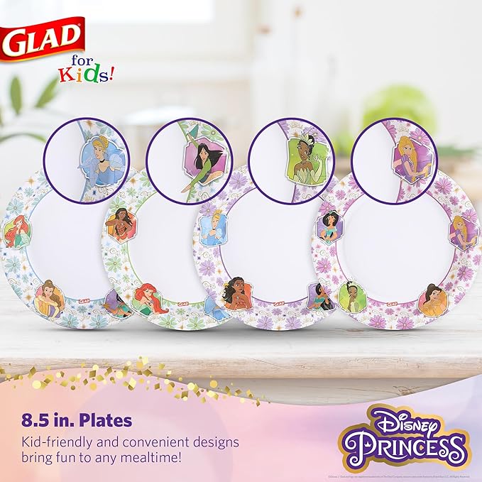 Glad Disney Princess Kids Paper Plates, Heavy Duty Soak Proof and Microwavable, Cut Resistant Disposable Snack Plates for Everyday Meals, School Lunches and Birthday Parties, 8.5 Inch, 40 Count