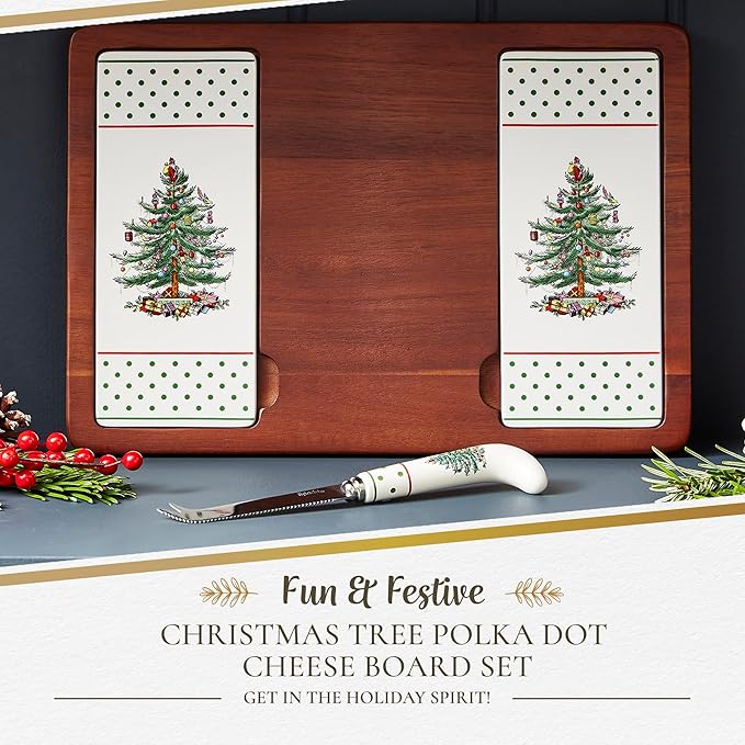 Spode Christmas Tree Cheese Board & Knife Set, Polka Dot - Holiday Entertaining, Charcuterie & Cracker Tray, Seasonal Serveware - Christmas Table Setting & Cheese Presentation