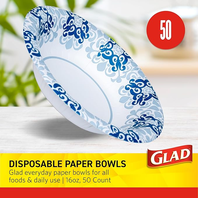 Glad Round Disposable Paper Bowls, Green Victorian Design - Heavy Duty, Soak Proof, Cut-Resistant, Microwavable Bowl for All Foods & Daily Use, 16 Oz, 50 Count