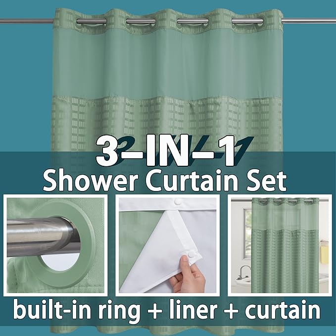 Conbo Mio No Hook Sage Green Shower Curtain with Snap in Liner Set, Hotel Luxury Shower Curtains for Bathroom with See Through Top Window, Waterproof, Washable 71W x 74H