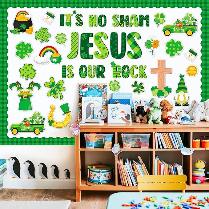 gisgfim St. Patrick's Day Jesus Bulletin Board Decorations Jesus is Our Rock Bulletin Board Set Happy St.Patrick Luck Shamrock Clover Cutouts Borders Decor for Irish Classroom Home Wall(St. Patrick's)